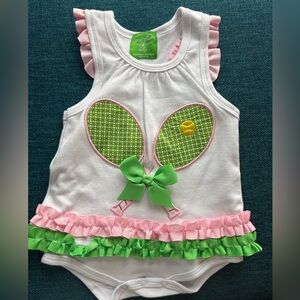 Mud Pie Baby onesie dress with ruffles & embroidered tennis rackets